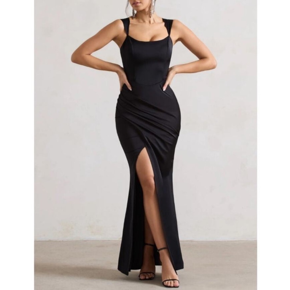 Club L London A Romantic Black Satin Corset Maxi Dress